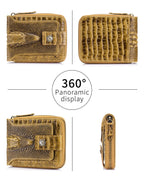 STEELLION Men's Genuine Cowhide Leather Wallet, Crocodile Embossed Bifold with 15 Card Slots, RFID Blocking & Secure Zipper Coin Pocket, Whiskey Brown