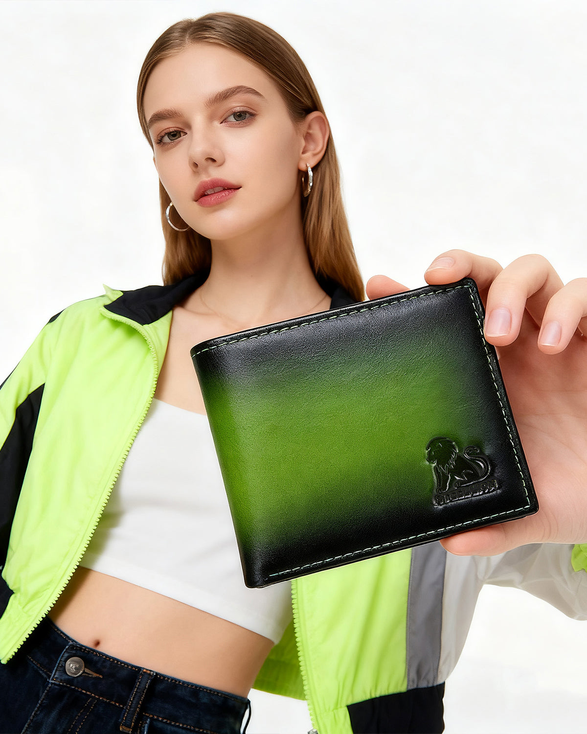 STEELLION Genuine Leather Bifold Wallet with Steel Lion Embossment, Gradient Color for Trendy & Durable Daily Use (Green)