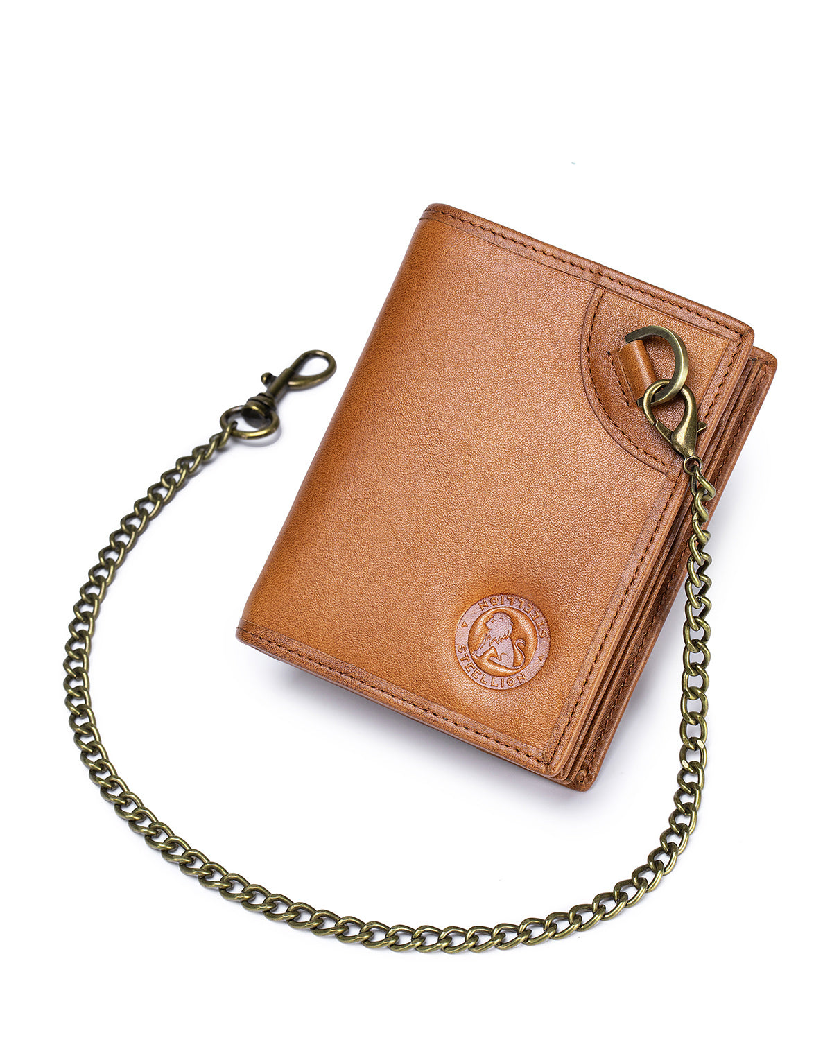 STEELLION Rich Brown Genuine Leather Bifold Wallet for Men & Women - 16 Card Slots, RFID Blocking, Anti-Theft Chain, Steel Lion Embossment, Spacious Durable Daily Use Leather Wallet