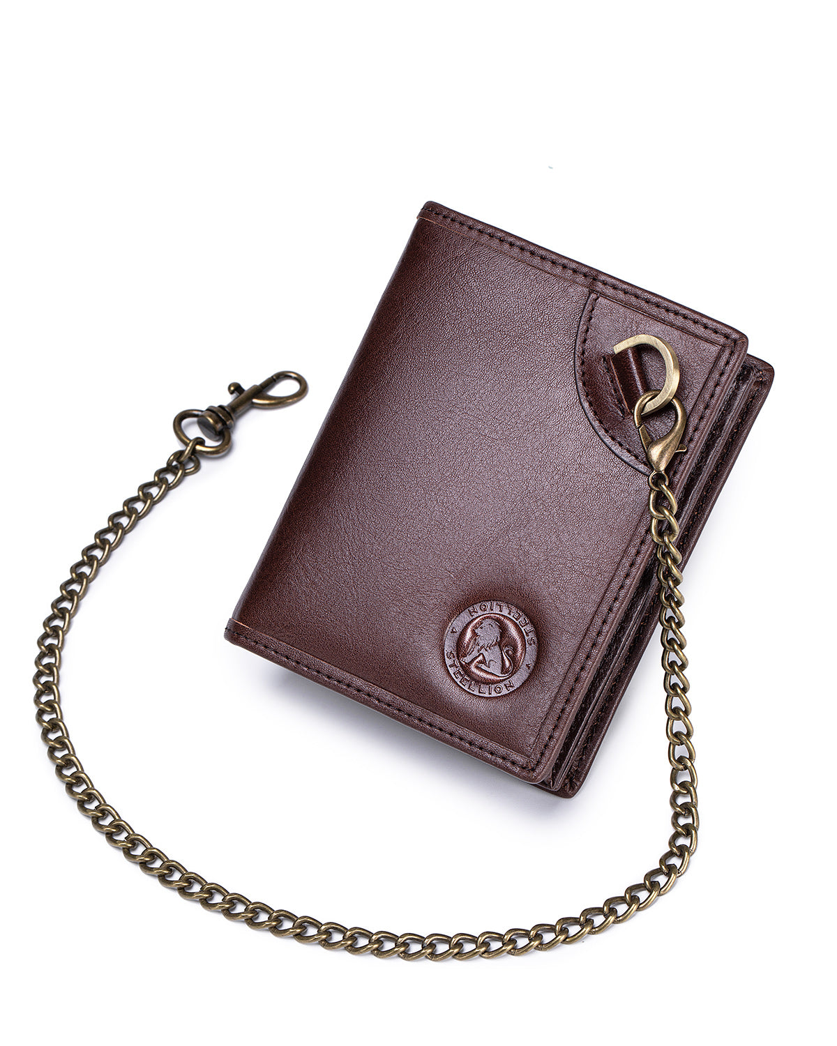 STEELLION Rich Brown Genuine Leather Bifold Wallet for Men & Women - 16 Card Slots, RFID Blocking, Anti-Theft Chain, Steel Lion Embossment, Spacious Durable Daily Use Leather Wallet