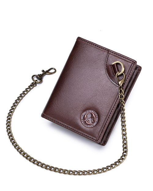 STEELLION Rich Brown Genuine Leather Bifold Wallet for Men & Women - 16 Card Slots, RFID Blocking, Anti-Theft Chain, Steel Lion Embossment, Spacious Durable Daily Use Leather Wallet