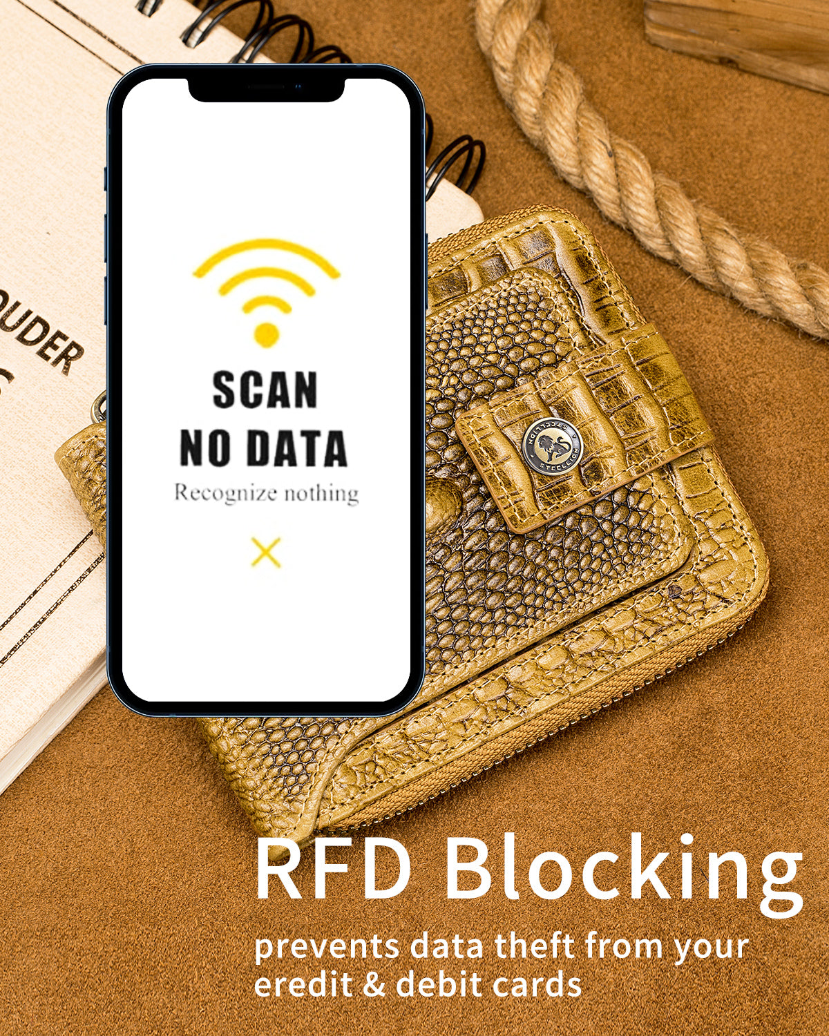 STEELLION Men's Genuine Cowhide Leather Wallet, Crocodile Embossed Bifold with 15 Card Slots, RFID Blocking & Secure Zipper Coin Pocket, Whiskey Brown