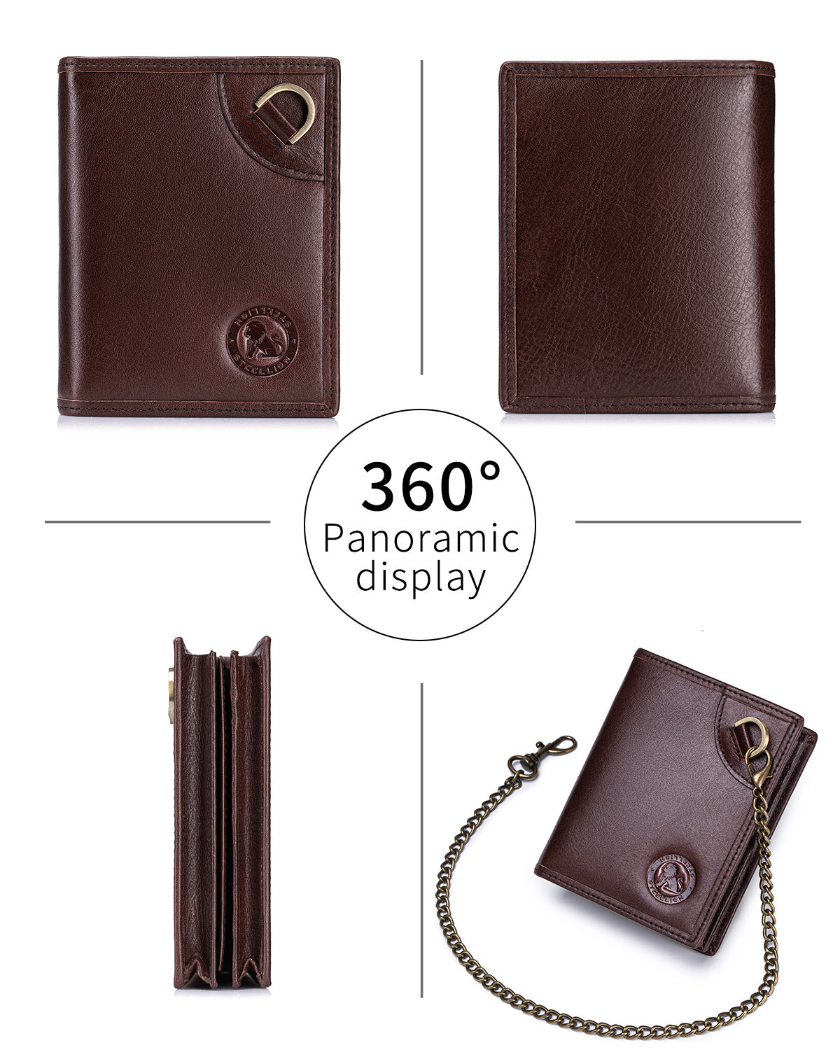 STEELLION Rich Brown Genuine Leather Bifold Wallet for Men & Women - 16 Card Slots, RFID Blocking, Anti-Theft Chain, Steel Lion Embossment, Spacious Durable Daily Use Leather Wallet