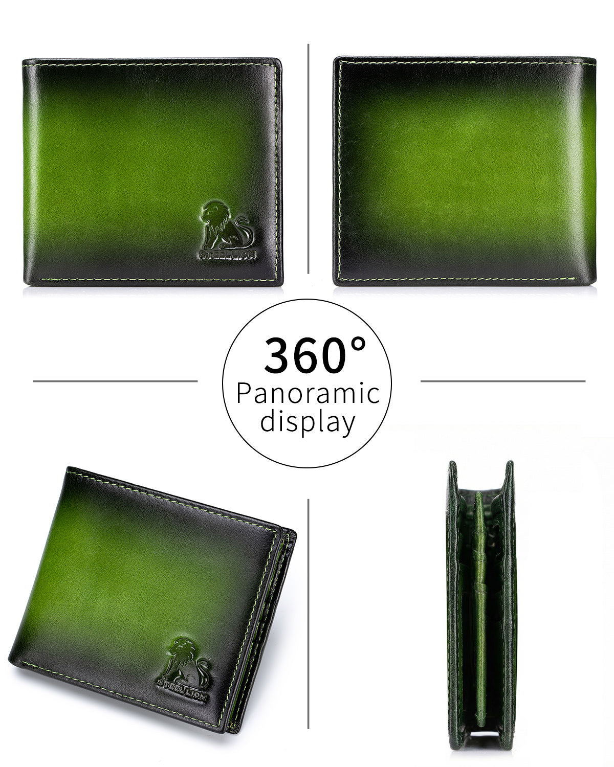 STEELLION Genuine Leather Bifold Wallet with Steel Lion Embossment, Gradient Color for Trendy & Durable Daily Use (Green)