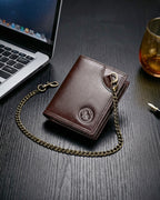 STEELLION Rich Brown Genuine Leather Bifold Wallet for Men & Women - 16 Card Slots, RFID Blocking, Anti-Theft Chain, Steel Lion Embossment, Spacious Durable Daily Use Leather Wallet