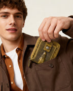 STEELLION Men's Genuine Cowhide Leather Wallet, Crocodile Embossed Bifold with 15 Card Slots, RFID Blocking & Secure Zipper Coin Pocket, Whiskey Brown