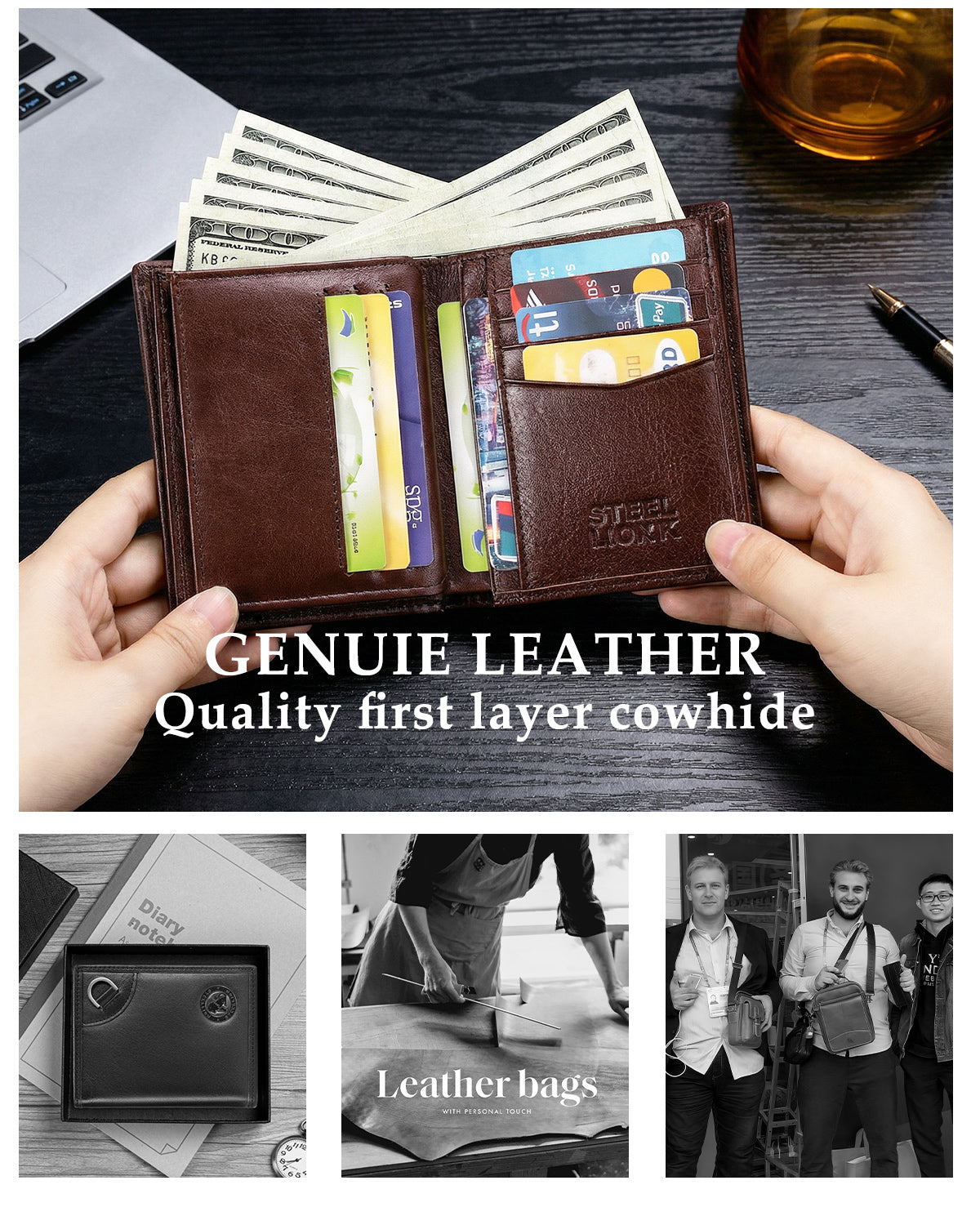 STEELLION Rich Brown Genuine Leather Bifold Wallet for Men & Women - 16 Card Slots, RFID Blocking, Anti-Theft Chain, Steel Lion Embossment, Spacious Durable Daily Use Leather Wallet