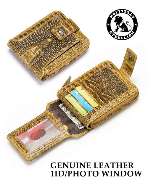 STEELLION Men's Genuine Cowhide Leather Wallet, Crocodile Embossed Bifold with 15 Card Slots, RFID Blocking & Secure Zipper Coin Pocket, Whiskey Brown