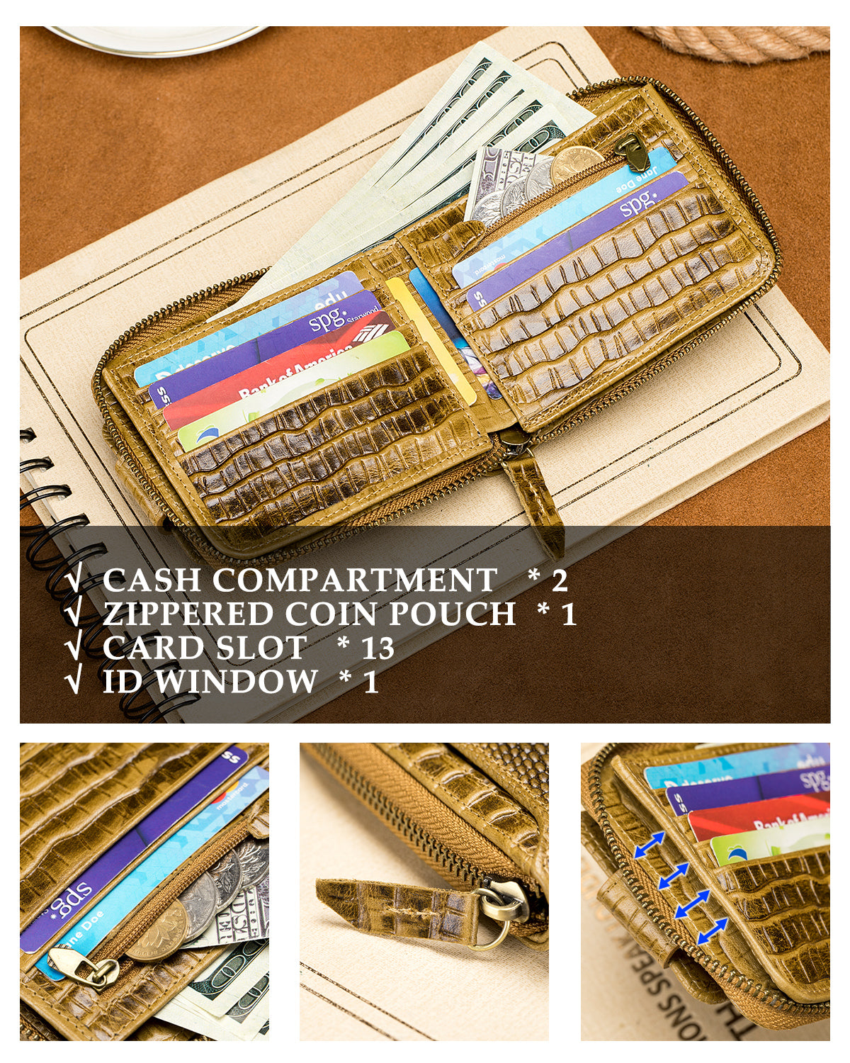 STEELLION Men's Genuine Cowhide Leather Wallet, Crocodile Embossed Bifold with 15 Card Slots, RFID Blocking & Secure Zipper Coin Pocket, Whiskey Brown