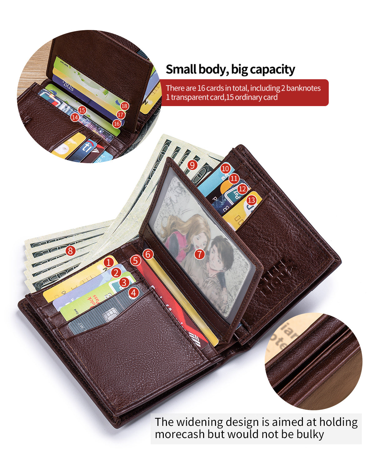 STEELLION Rich Brown Genuine Leather Bifold Wallet for Men & Women - 16 Card Slots, RFID Blocking, Anti-Theft Chain, Steel Lion Embossment, Spacious Durable Daily Use Leather Wallet