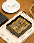 STEELLION Men's Genuine Cowhide Leather Wallet, Crocodile Embossed Bifold with 15 Card Slots, RFID Blocking & Secure Zipper Coin Pocket, Whiskey Brown