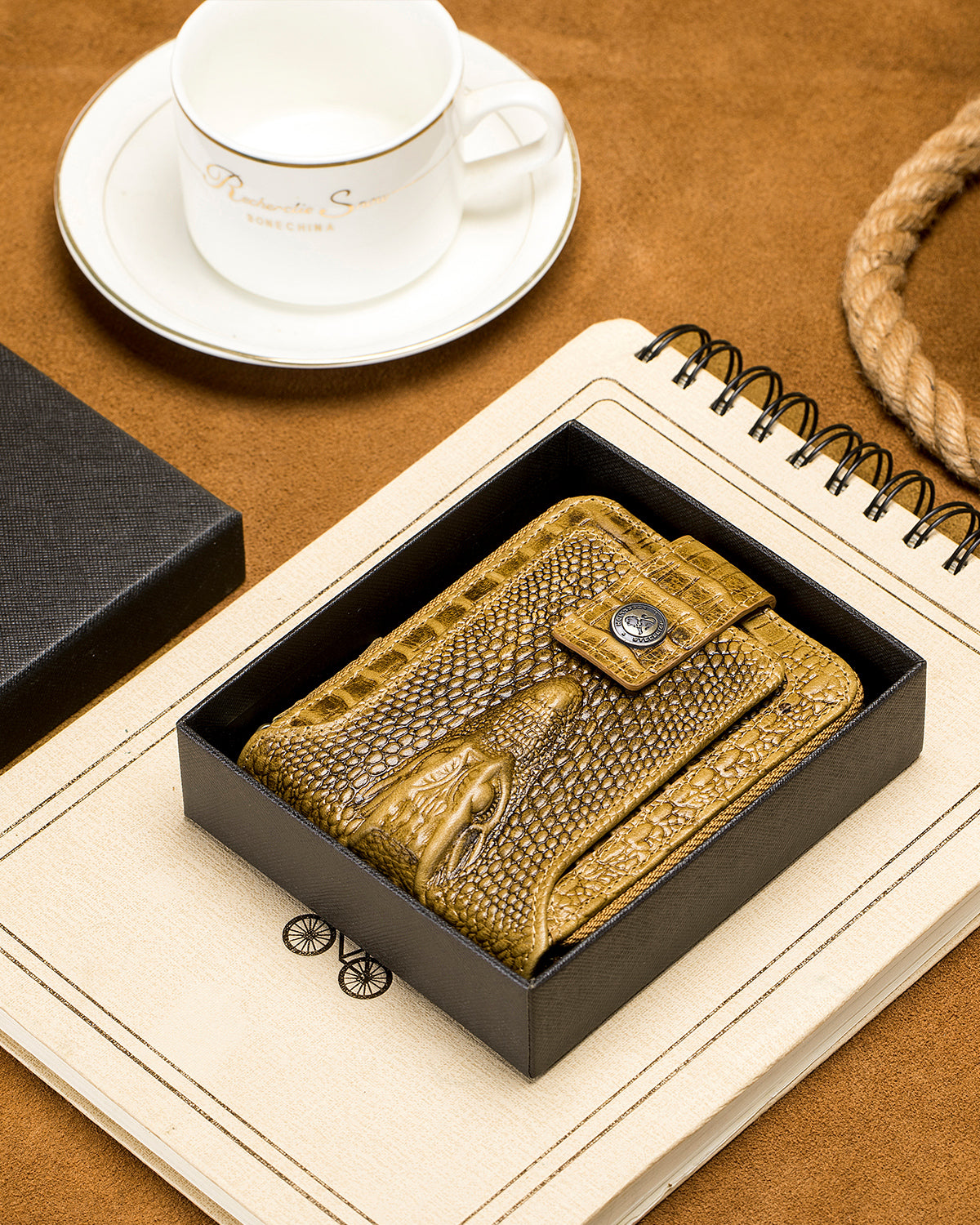 STEELLION Men's Genuine Cowhide Leather Wallet, Crocodile Embossed Bifold with 15 Card Slots, RFID Blocking & Secure Zipper Coin Pocket, Whiskey Brown