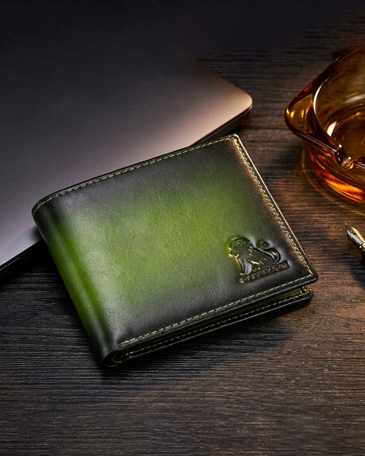 STEELLION Genuine Leather Bifold Wallet with Steel Lion Embossment, Gradient Color for Trendy & Durable Daily Use (Green)