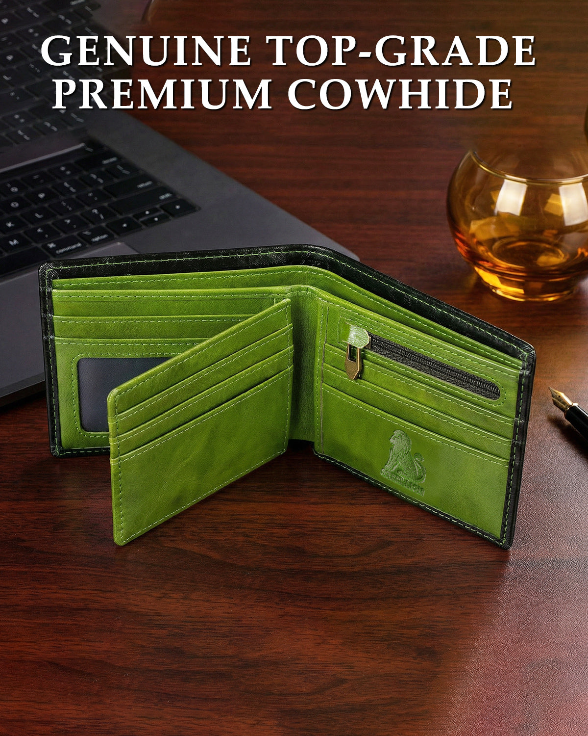 STEELLION Genuine Leather Bifold Wallet with Steel Lion Embossment, Gradient Color for Trendy & Durable Daily Use (Green)
